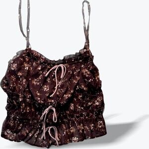 Thirty Thirty‎ LA Camisole Top Burgundy Floral Smocked Tie Front Large